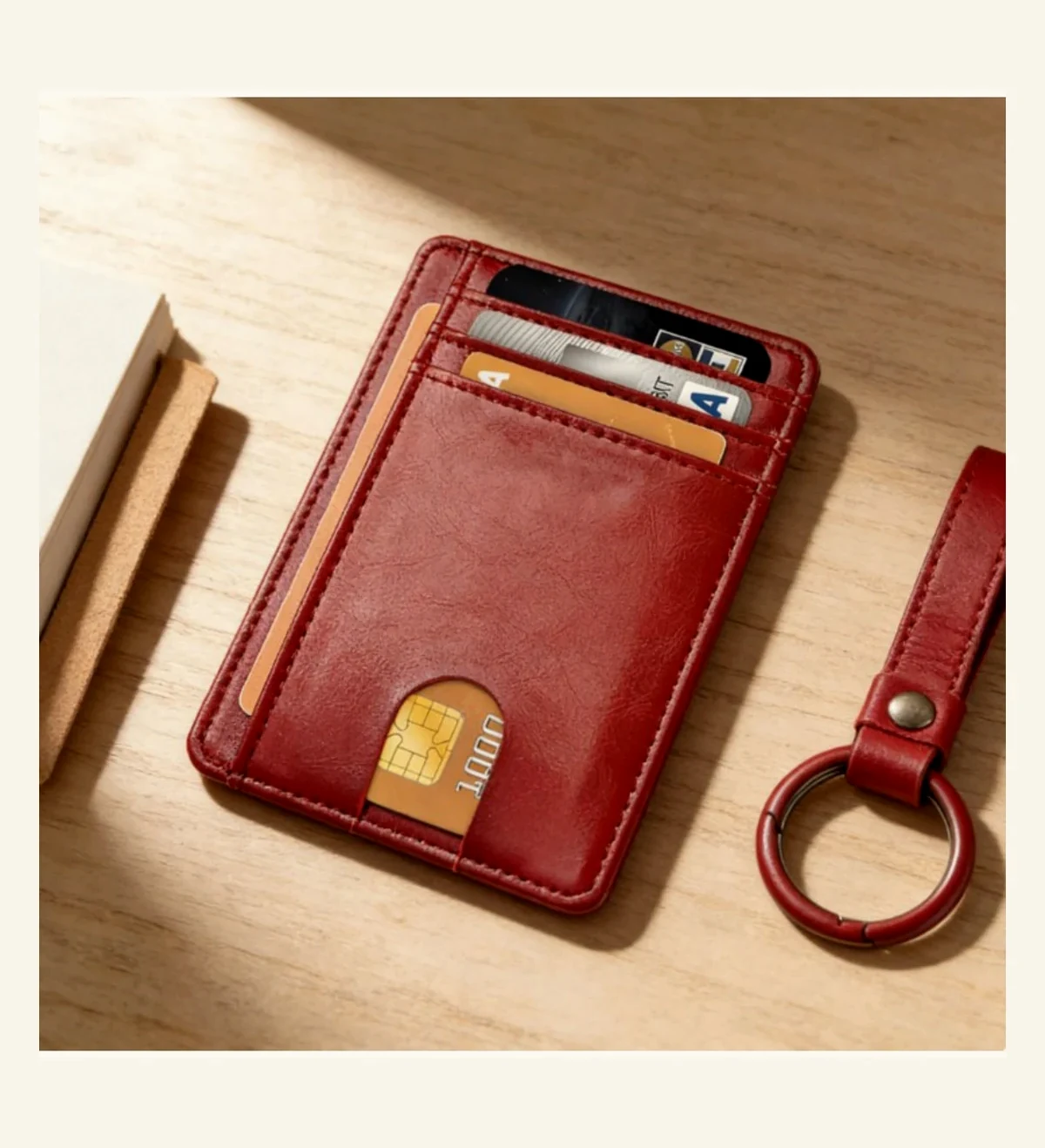 Red brown leather card holder set