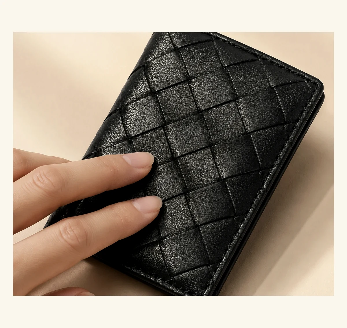 Quilted leather card holder texture detail