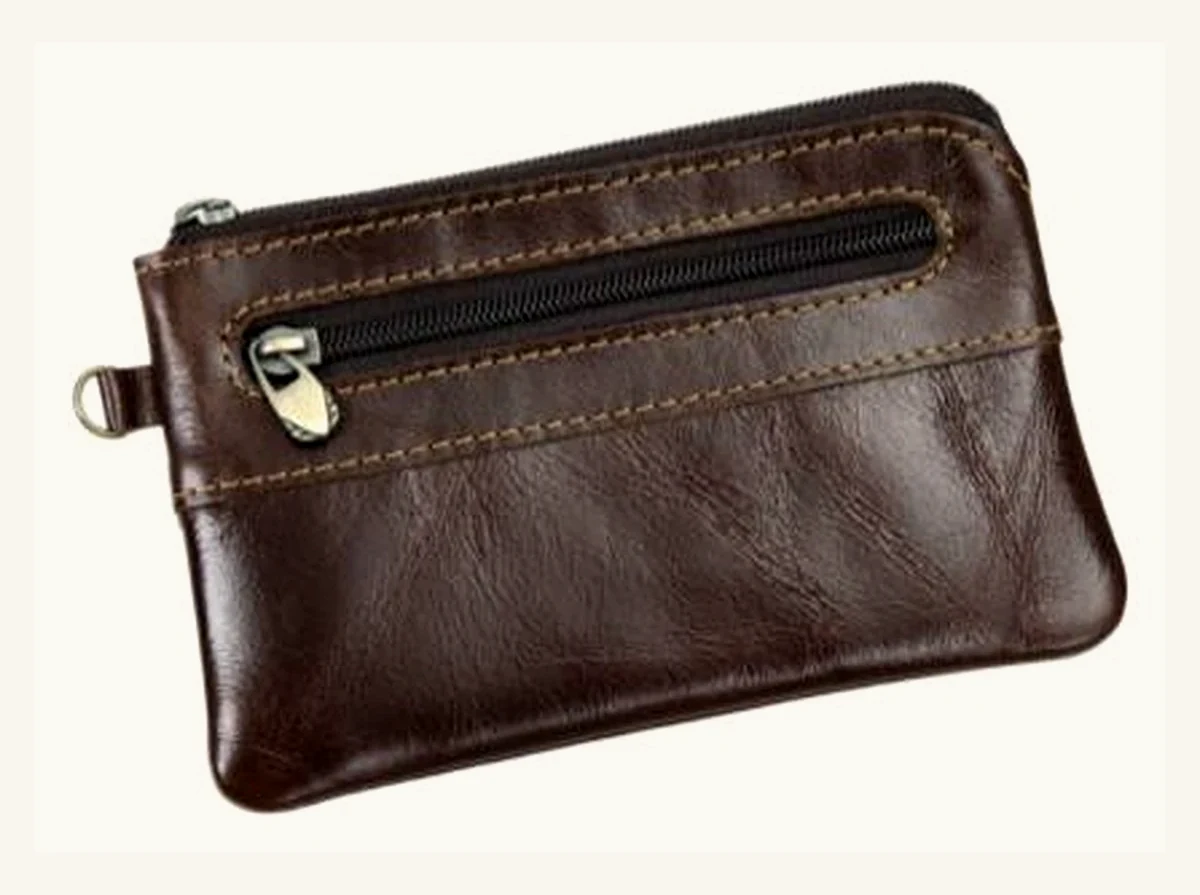 Brown zipper leather coin case