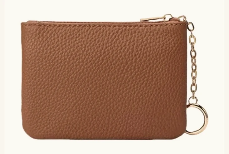 Flat leather zipper pouch with chain