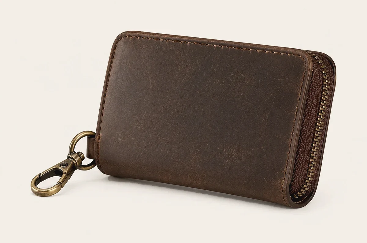 Compact brown zipper leather key holder
