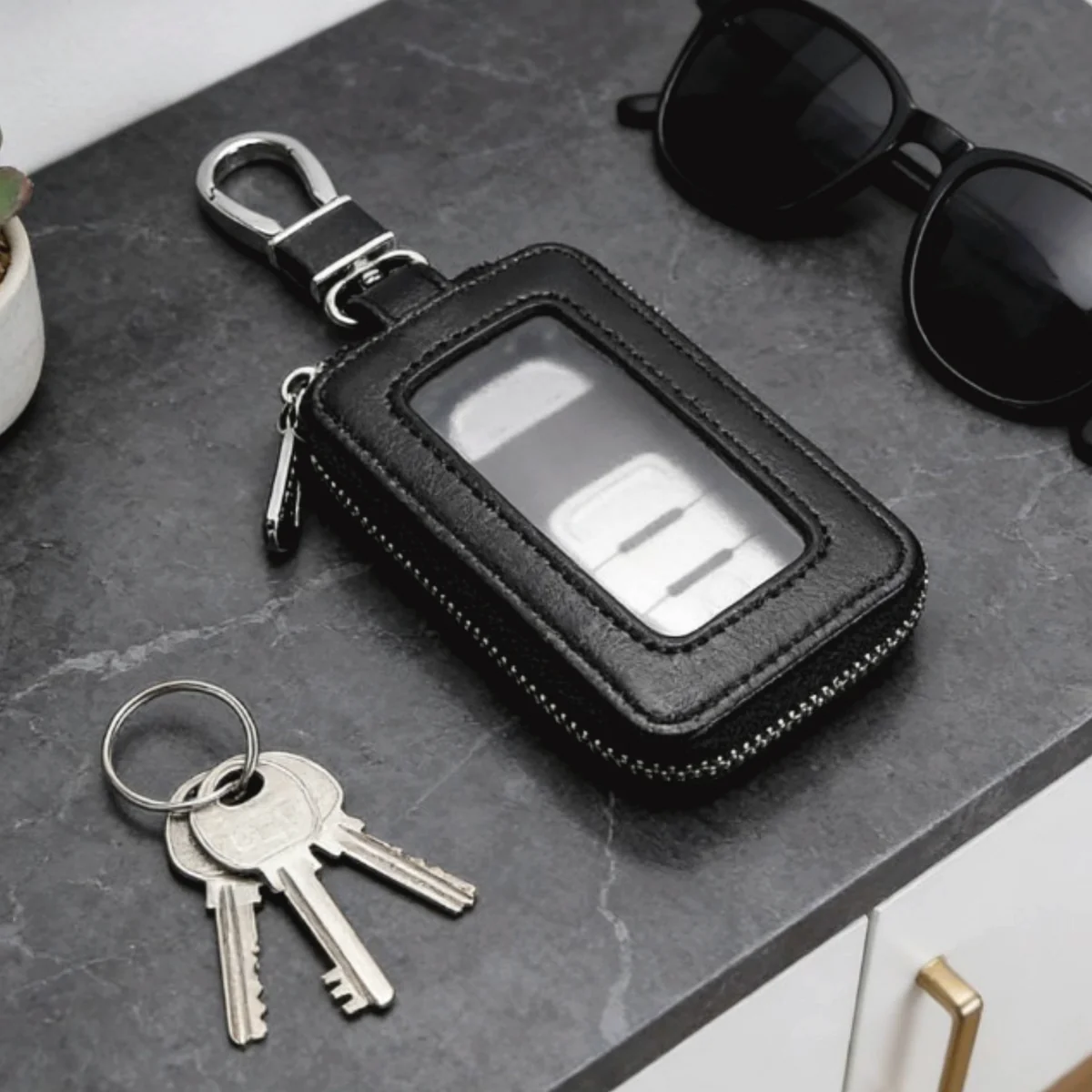 Black leather car key pouch for OEM key accessory development