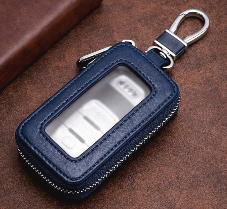 Navy leather car key pouch with zipper