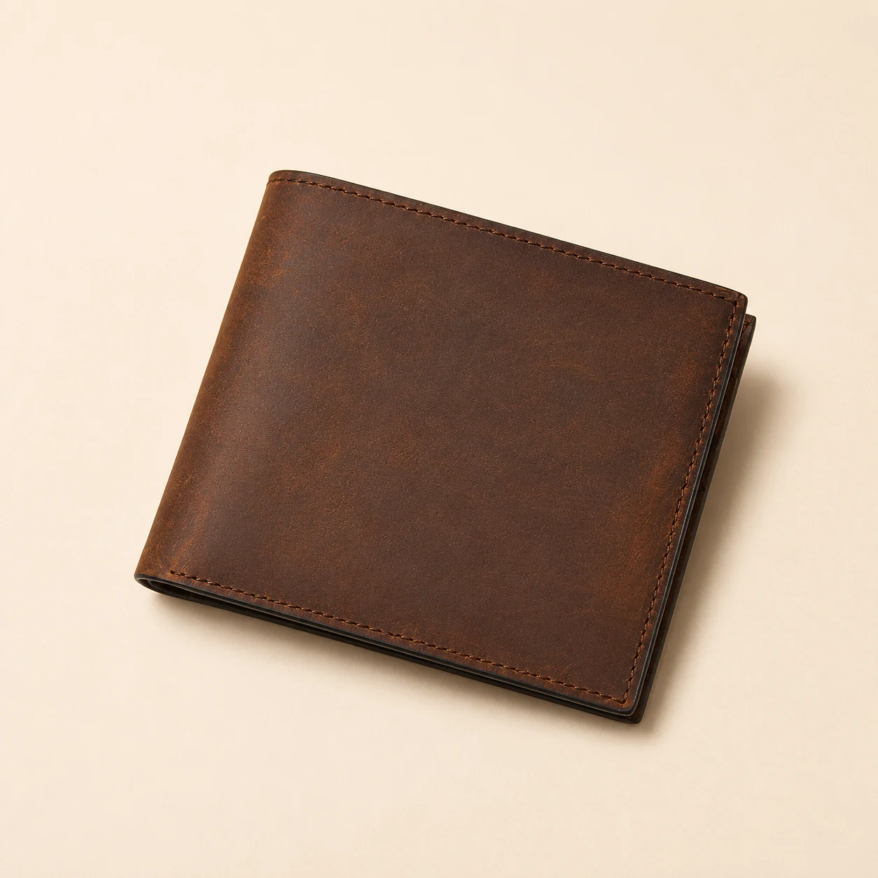 Closed brown bifold wallet, crazy horse leather