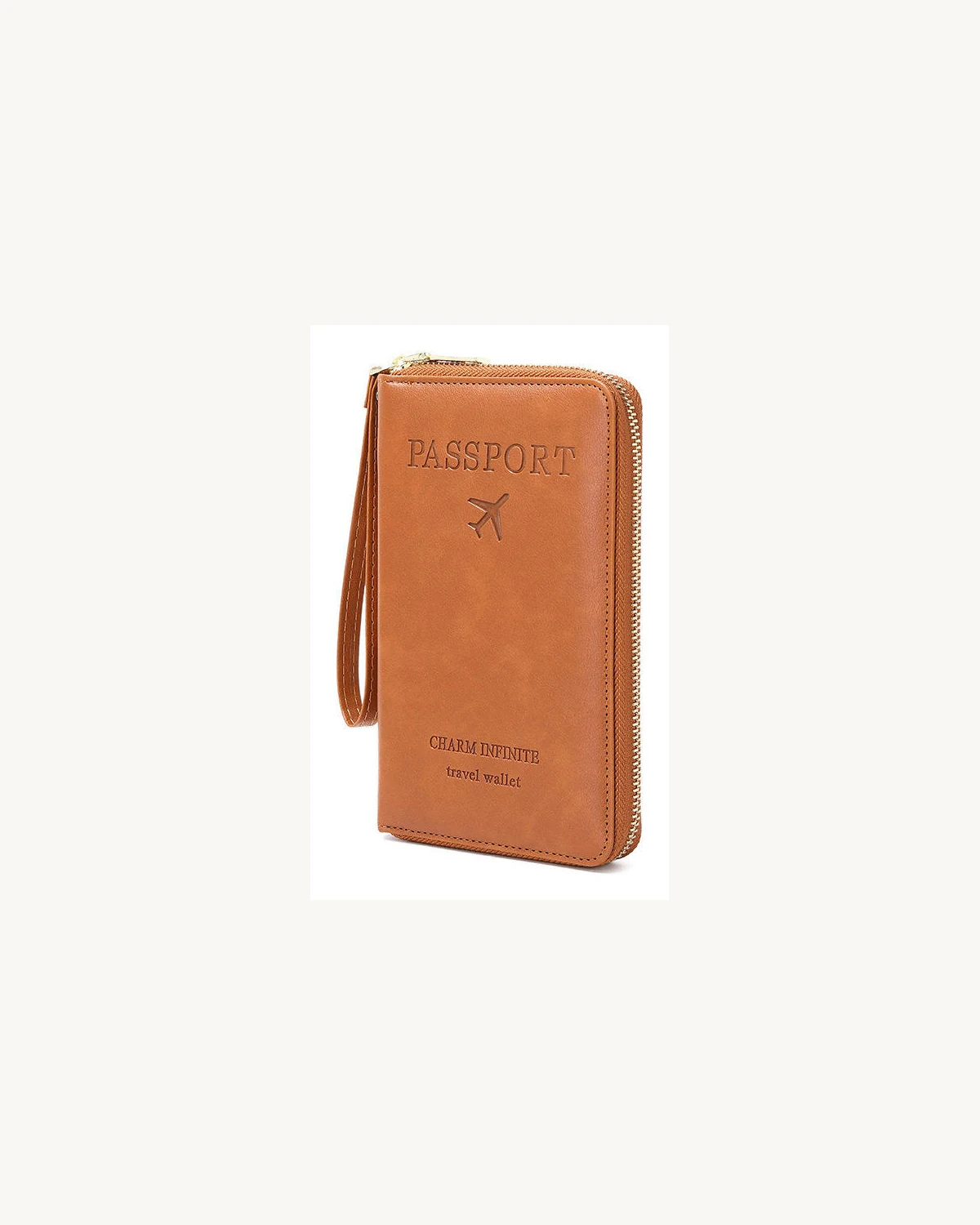 Classic tan passport cover with wrist strap