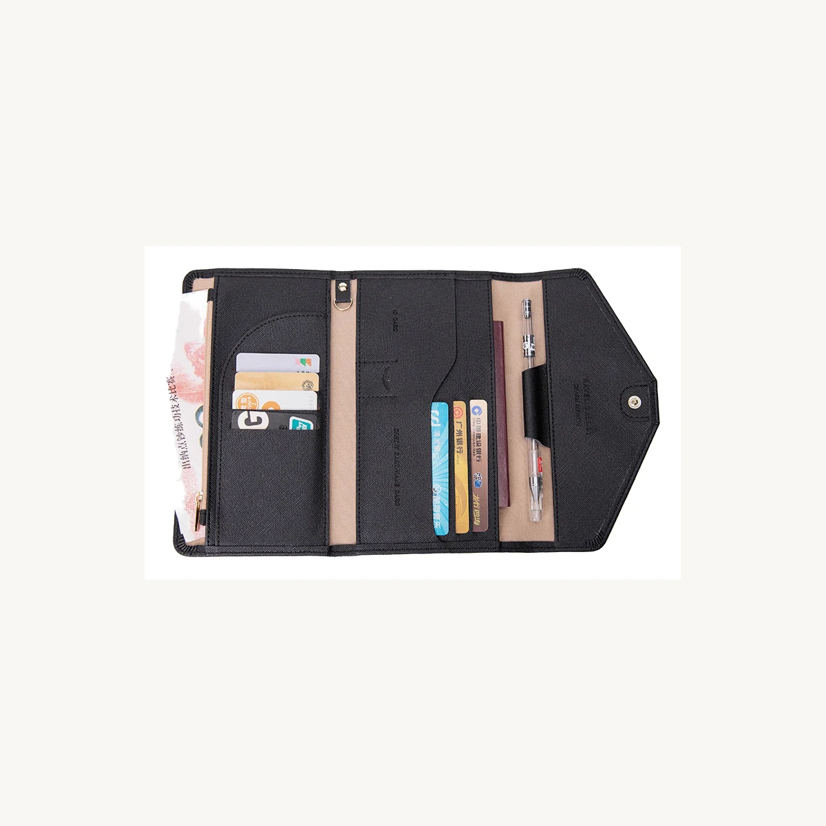 Open zip travel organizer with passport pocket, card slots and pen loop
