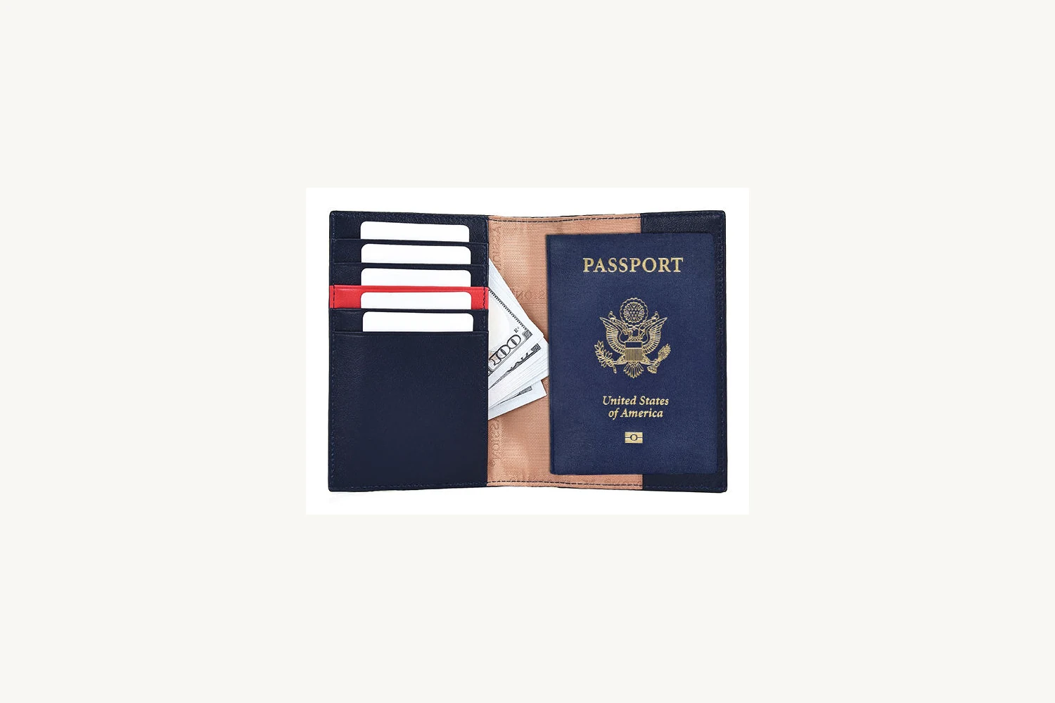 Navy passport holder opened with passport and card slots