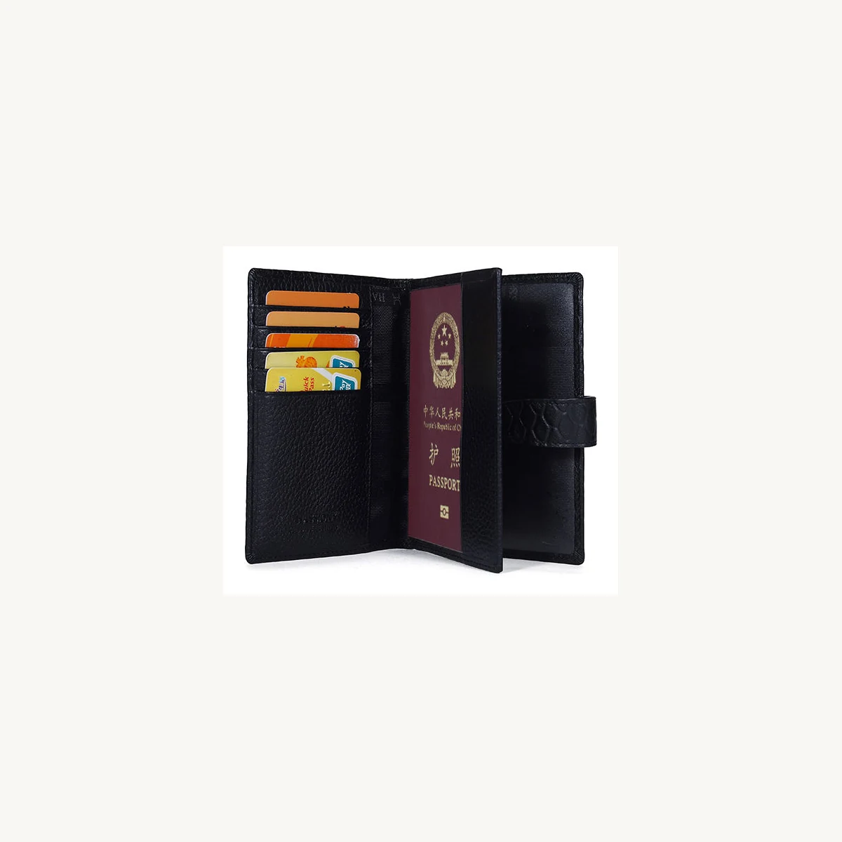 Open black passport holder with card slots