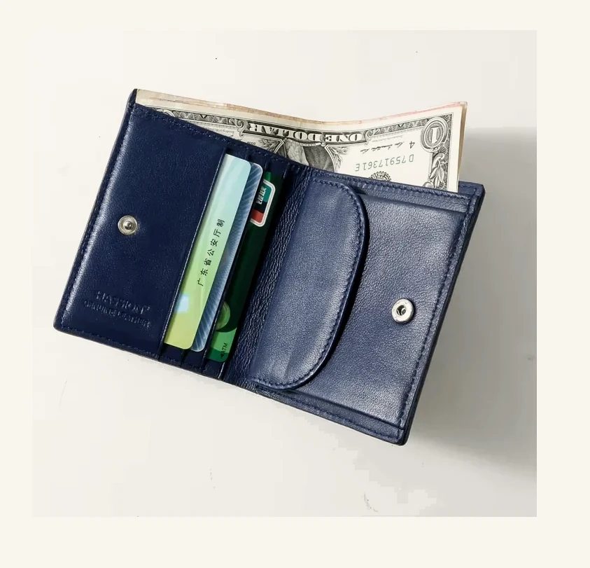 Blue women's wallet open card-slot layout